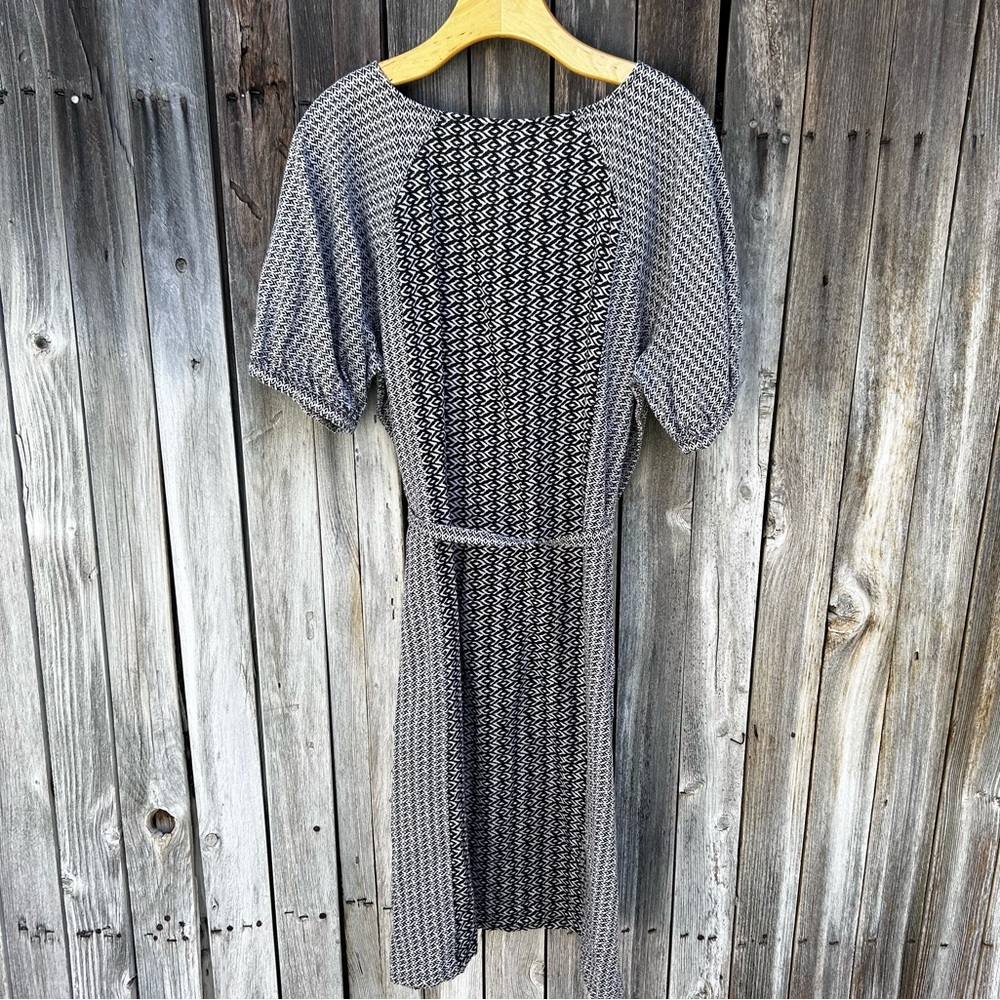 Garnet Hill Imogene Linen Midi Puff Sleeve Belted Print Dress Black Tan Beige L - Picture 10 of 16